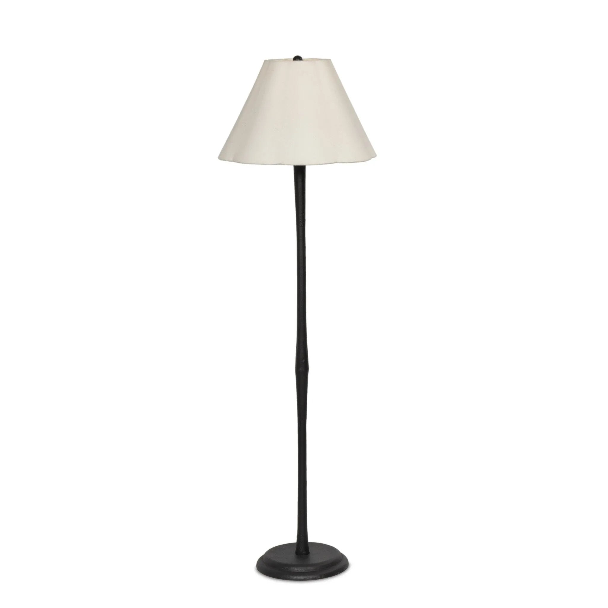 Slim in style, crisp with contrast. A black wrought iron base supports a cream-colored linen shade with scallop detailing Amethyst Home provides interior design, new home construction design consulting, vintage area rugs, and lighting in the Tampa metro area.