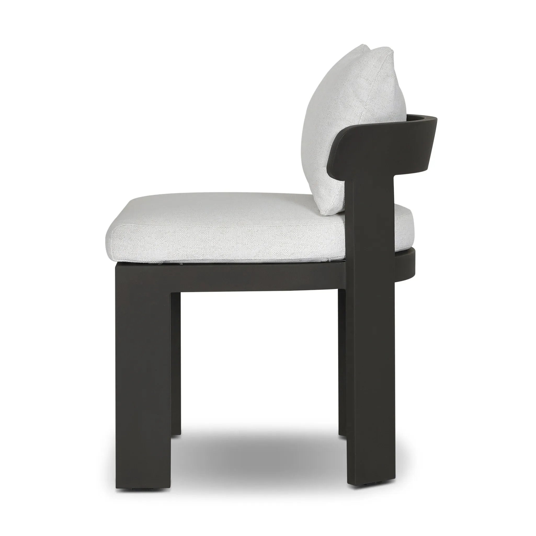 Crisp upholstery and metal framing form a simple barrel back outdoor dining chair, complemented by softened edges and a fluid shape for a classic look. Cover or store inside during inclement weather and when not in use. Amethyst Home provides interior design, new home construction design consulting, vintage area rugs, and lighting in the Alpharetta metro area.