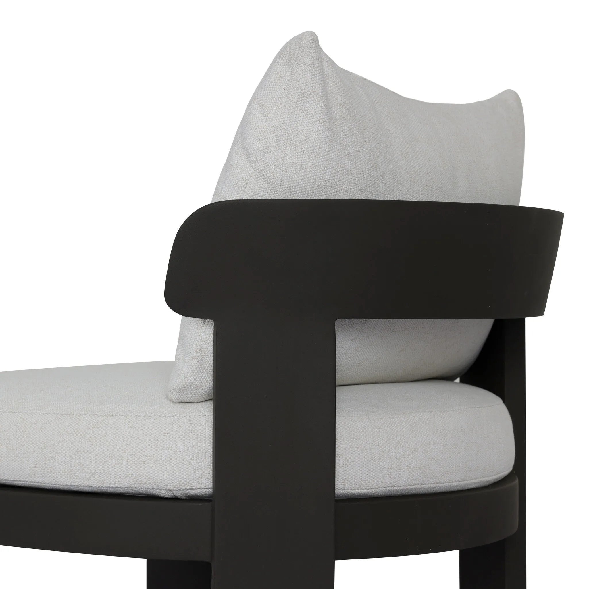 Crisp upholstery and metal framing form a simple barrel back outdoor dining chair, complemented by softened edges and a fluid shape for a classic look. Cover or store inside during inclement weather and when not in use. Amethyst Home provides interior design, new home construction design consulting, vintage area rugs, and lighting in the Houston metro area.