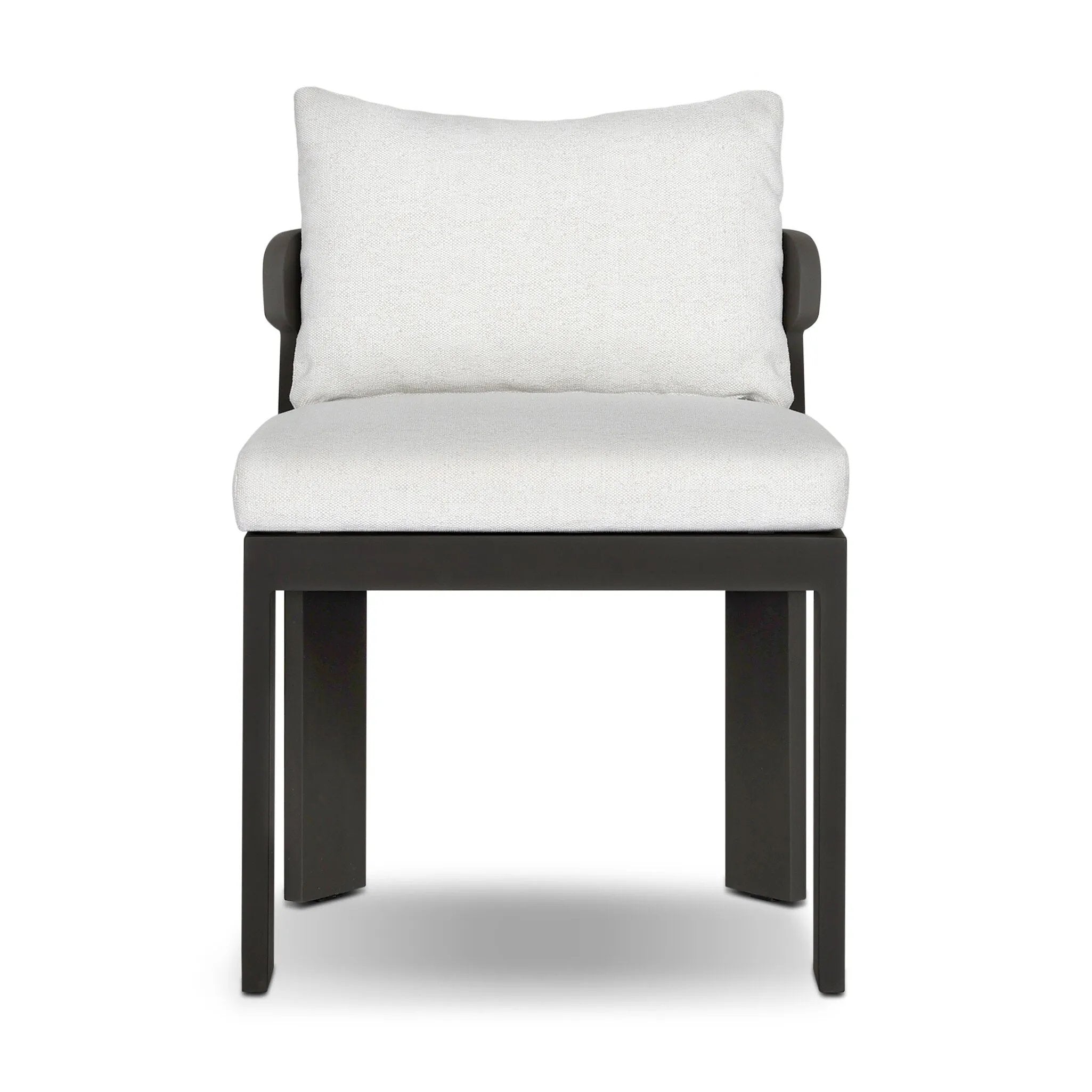 Crisp upholstery and metal framing form a simple barrel back outdoor dining chair, complemented by softened edges and a fluid shape for a classic look. Cover or store inside during inclement weather and when not in use. Amethyst Home provides interior design, new home construction design consulting, vintage area rugs, and lighting in the Nashville metro area.