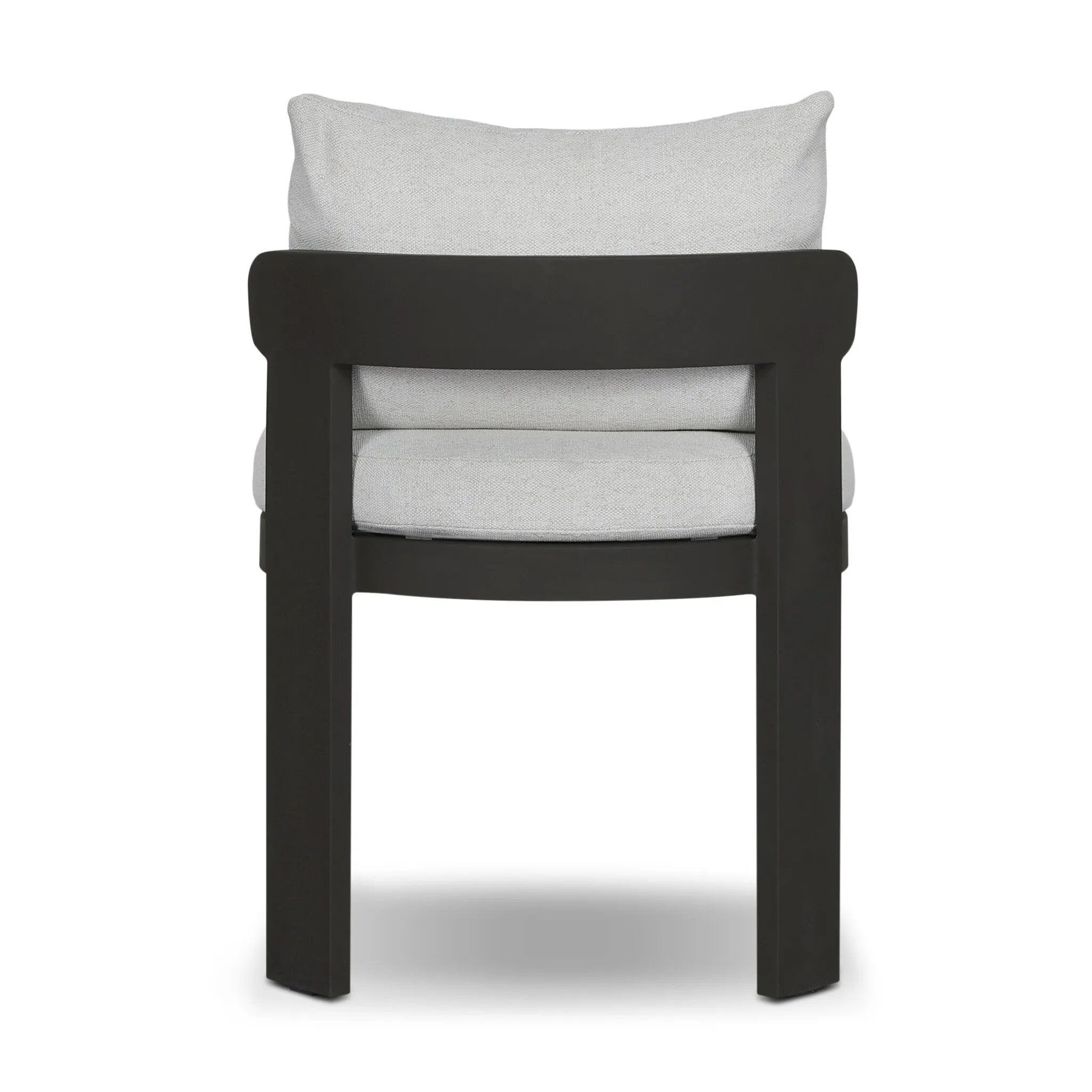 Crisp upholstery and metal framing form a simple barrel back outdoor dining chair, complemented by softened edges and a fluid shape for a classic look. Cover or store inside during inclement weather and when not in use. Amethyst Home provides interior design, new home construction design consulting, vintage area rugs, and lighting in the Scottsdale metro area.