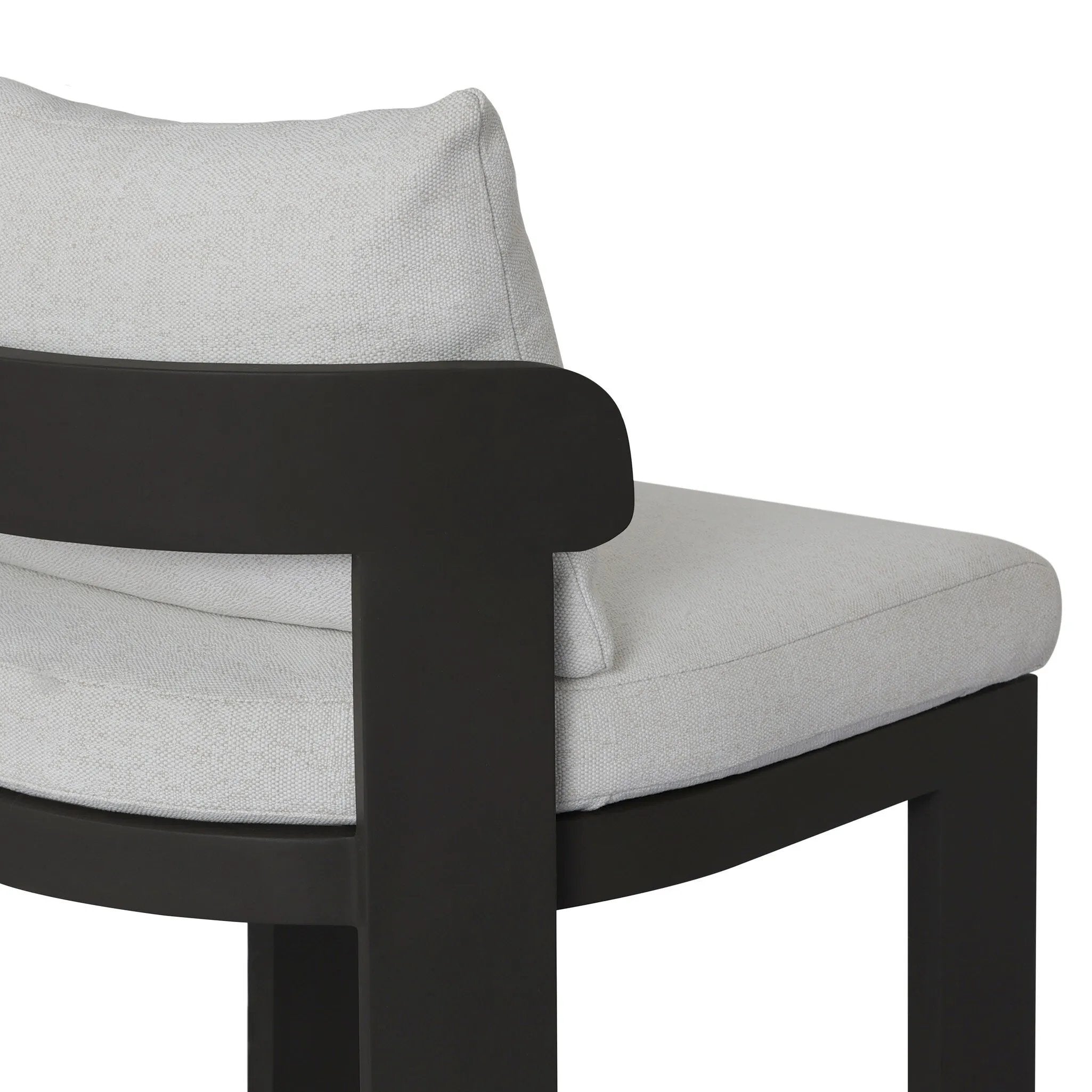 Crisp upholstery and metal framing form a simple barrel back outdoor dining chair, complemented by softened edges and a fluid shape for a classic look. Cover or store inside during inclement weather and when not in use. Amethyst Home provides interior design, new home construction design consulting, vintage area rugs, and lighting in the Washington metro area.