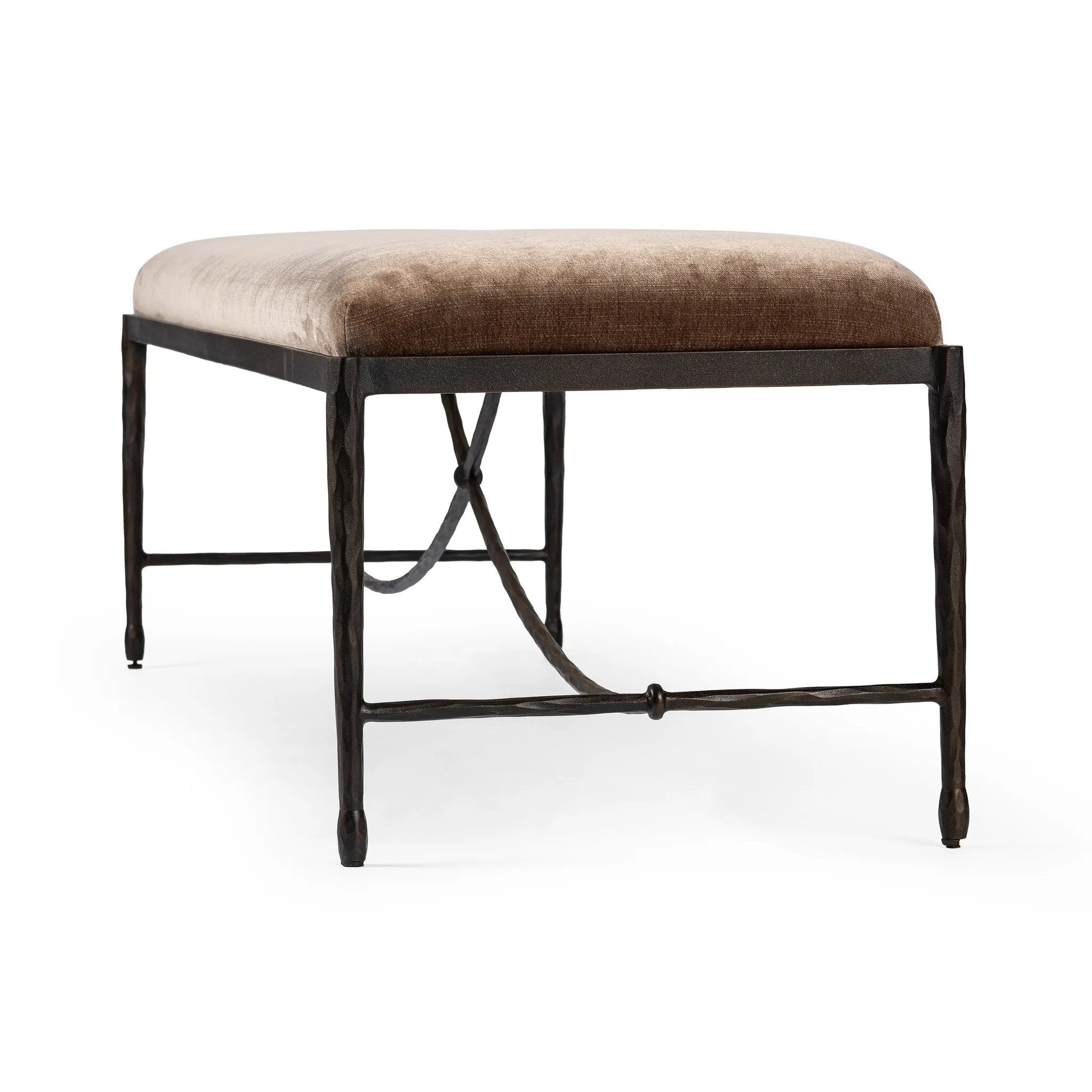 Channel Art Deco with a curved stretcher base of bronzed hammered iron and a velvety seat in a versatile earth tone. Style in the bedroom or entryway to create an extra surface, or in your living space for bonus seating Amethyst Home provides interior design, new home construction design consulting, vintage area rugs, and lighting in the Calabasas metro area.