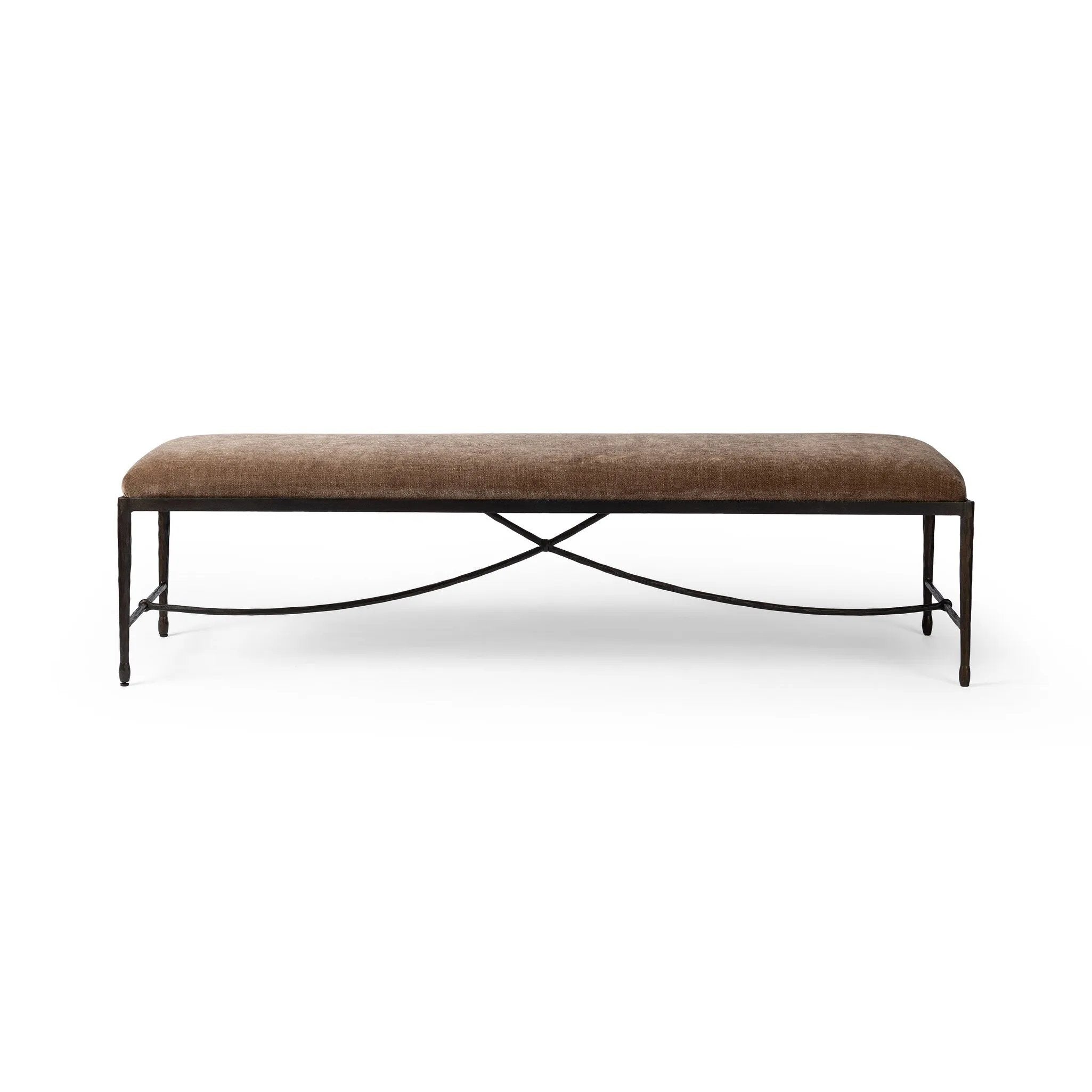 Channel Art Deco with a curved stretcher base of bronzed hammered iron and a velvety seat in a versatile earth tone. Style in the bedroom or entryway to create an extra surface, or in your living space for bonus seating Amethyst Home provides interior design, new home construction design consulting, vintage area rugs, and lighting in the Des Moines metro area.