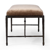 Channel Art Deco with a curved stretcher base of bronzed hammered iron and a velvety seat in a versatile earth tone. Style in the bedroom or entryway to create an extra surface, or in your living space for bonus seating Amethyst Home provides interior design, new home construction design consulting, vintage area rugs, and lighting in the Monterey metro area.