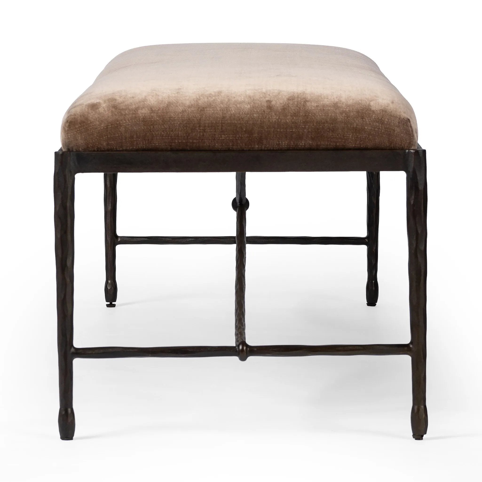 Channel Art Deco with a curved stretcher base of bronzed hammered iron and a velvety seat in a versatile earth tone. Style in the bedroom or entryway to create an extra surface, or in your living space for bonus seating Amethyst Home provides interior design, new home construction design consulting, vintage area rugs, and lighting in the Monterey metro area.