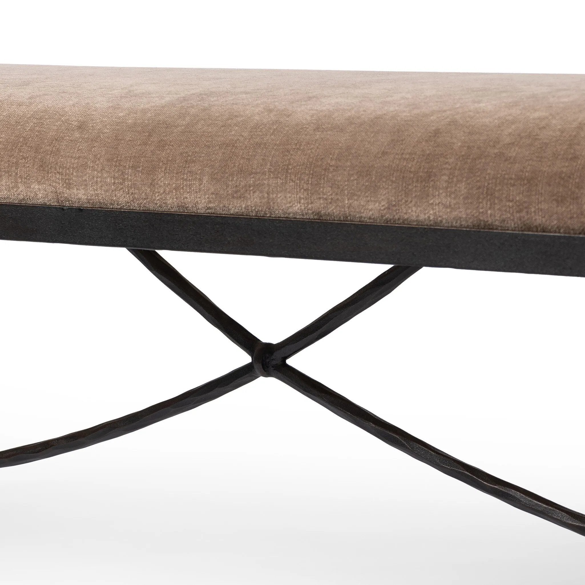 Channel Art Deco with a curved stretcher base of bronzed hammered iron and a velvety seat in a versatile earth tone. Style in the bedroom or entryway to create an extra surface, or in your living space for bonus seating Amethyst Home provides interior design, new home construction design consulting, vintage area rugs, and lighting in the Washington metro area.