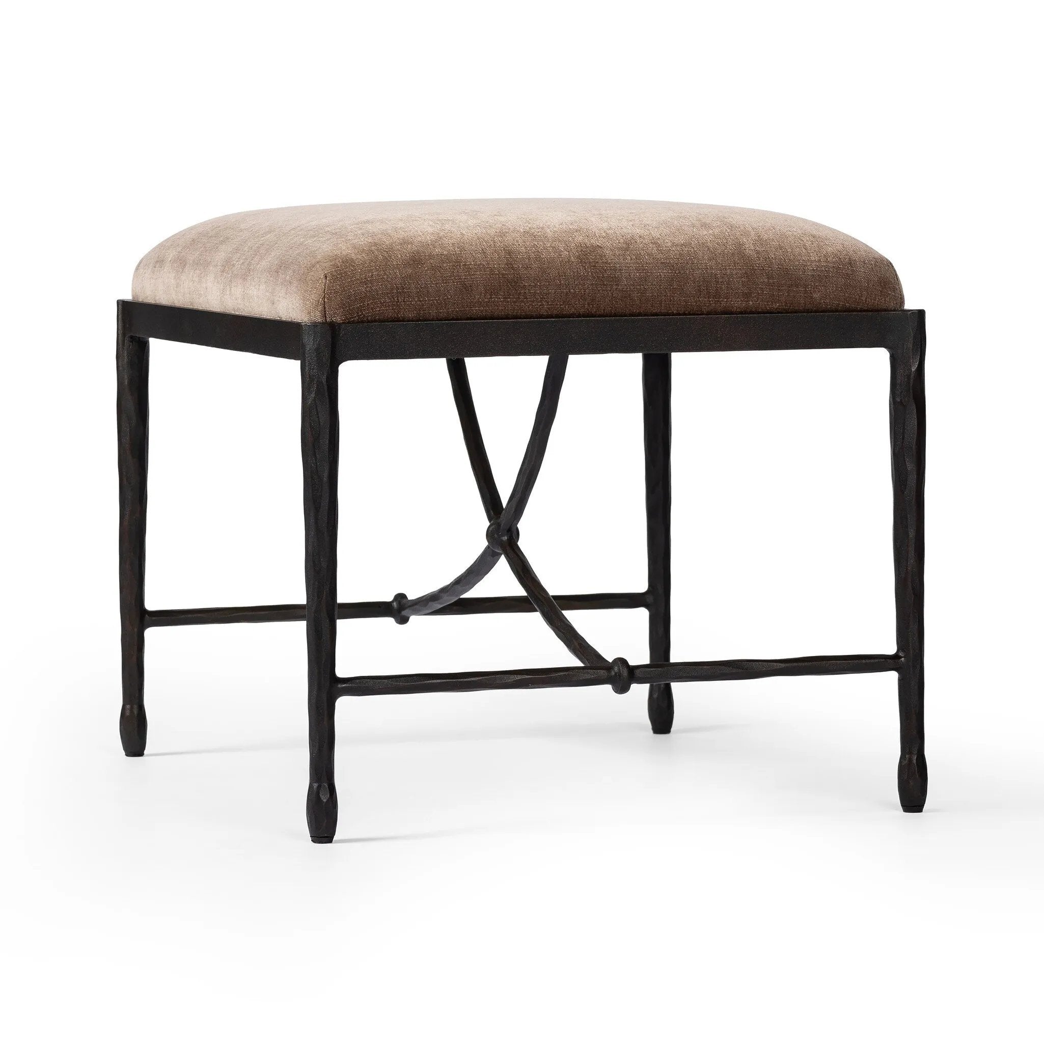 Channel Art Deco with a curved stretcher base of bronzed hammered iron and a velvety seat in a versatile earth tone. Style just about anywhere to create an extra surface or seat Amethyst Home provides interior design, new home construction design consulting, vintage area rugs, and lighting in the Omaha metro area.