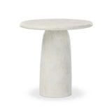 A dome-shaped pedestal base supports a rounded tabletop with bullnose edges. Made from cast white-finished concrete Amethyst Home provides interior design, new home construction design consulting, vintage area rugs, and lighting in the Los Angeles metro area.
