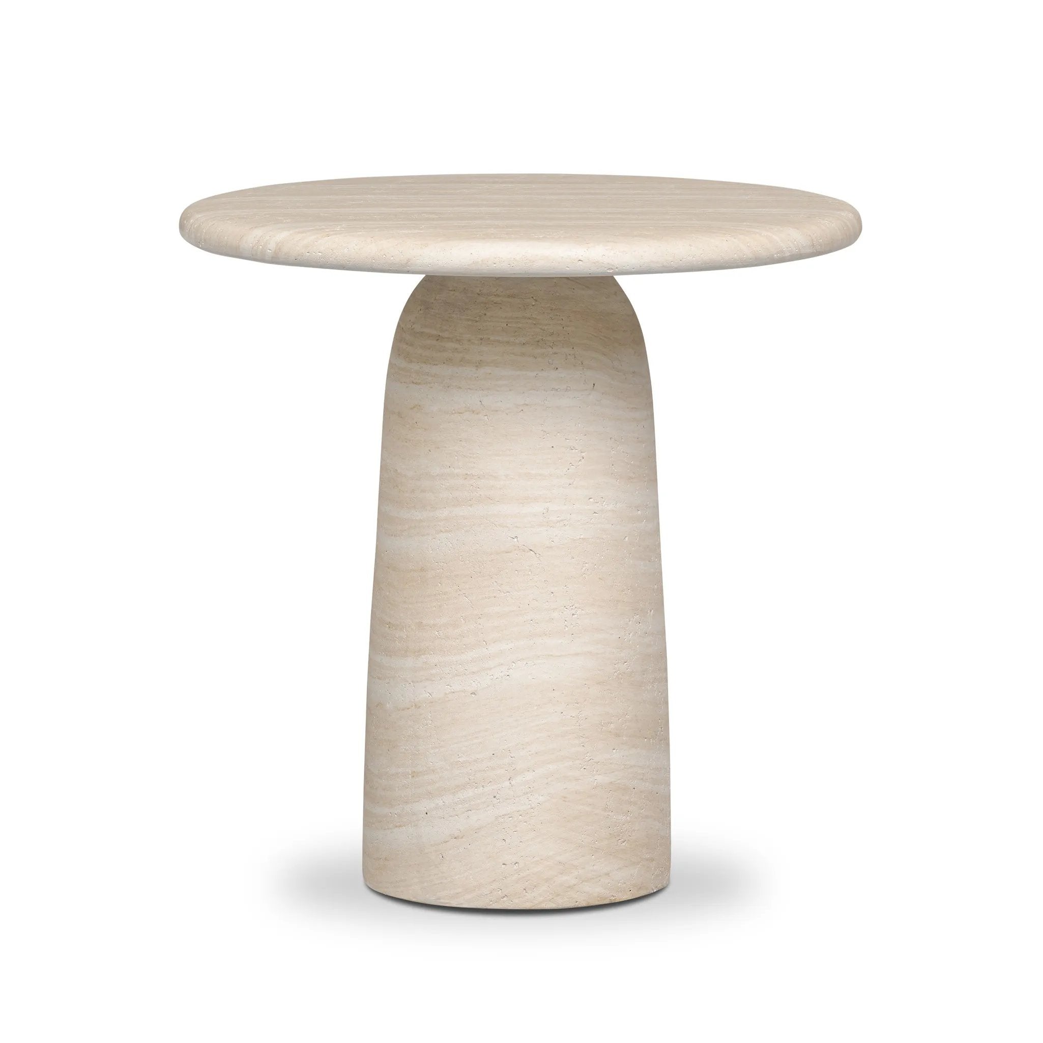 A dome-shaped pedestal base supports a rounded tabletop with bullnose edges. Made from cast concrete with a water-transfer finish which resemble natural stone Amethyst Home provides interior design, new home construction design consulting, vintage area rugs, and lighting in the Laguna Beach metro area.