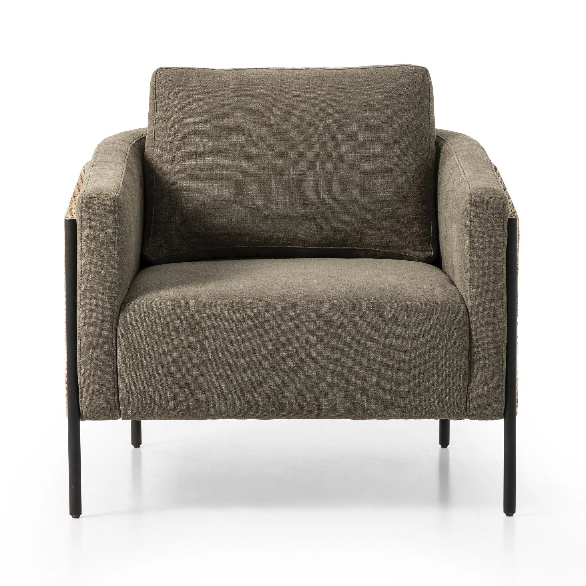 On-trend and expertly tailored, a texture-driven chair is upholstered in an olive flax/linen blend and wrapped with natural rattan, with linear iron legs finished in a complementary gunmetal Amethyst Home provides interior design, new home construction design consulting, vintage area rugs, and lighting in the Calabasas metro area.