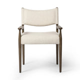 A midcentury-inspired piece, updated for modern times. A supportive back and seat cushion are upholstered in high-performance fabric, with walnut-finished wooden armrests prime for the head of the table. Steam regularly to keep fabric looking crisp. Amethyst Home provides interior design, new home construction design consulting, vintage area rugs, and lighting in the Boston metro area.