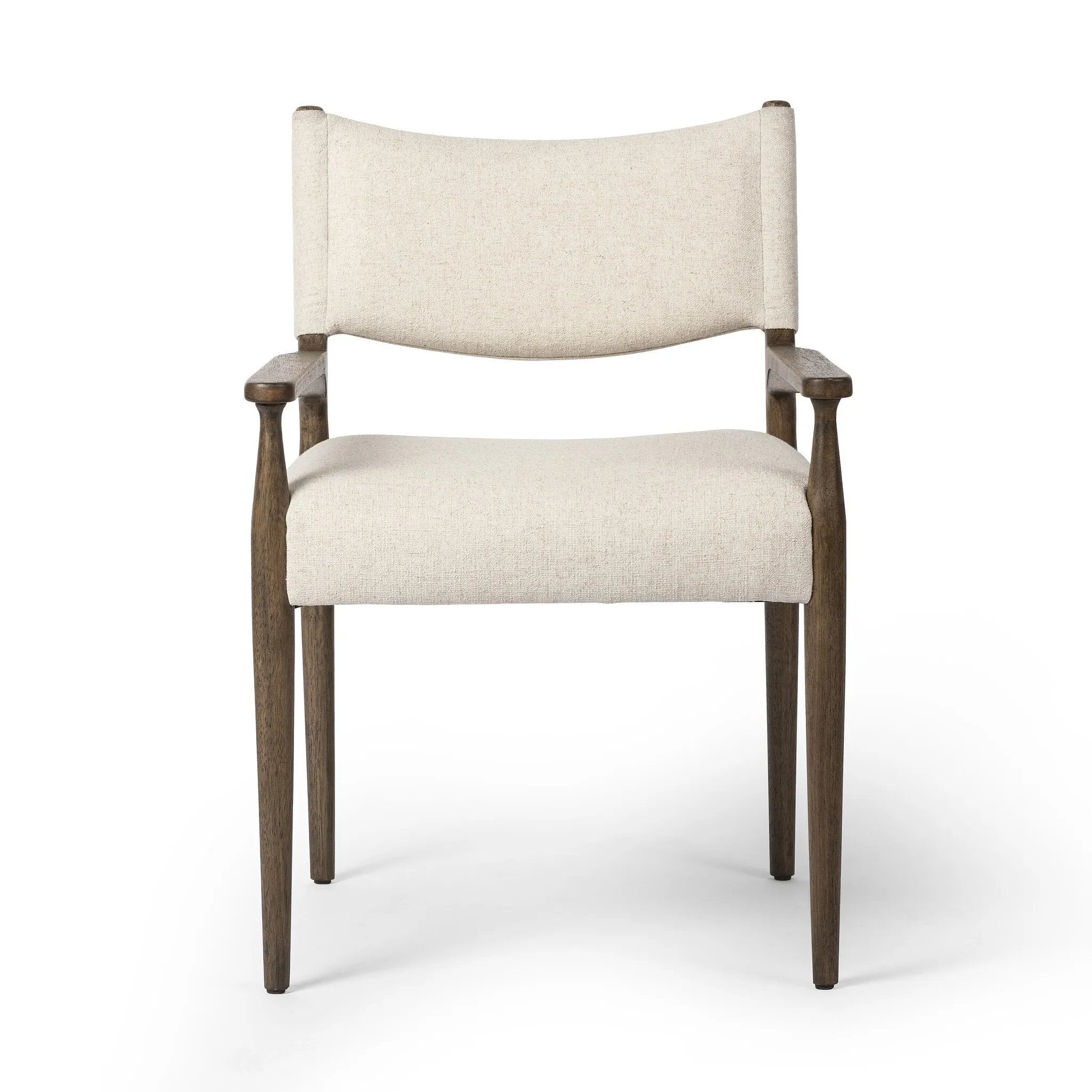 A midcentury-inspired piece, updated for modern times. A supportive back and seat cushion are upholstered in high-performance fabric, with walnut-finished wooden armrests prime for the head of the table. Steam regularly to keep fabric looking crisp. Amethyst Home provides interior design, new home construction design consulting, vintage area rugs, and lighting in the Boston metro area.