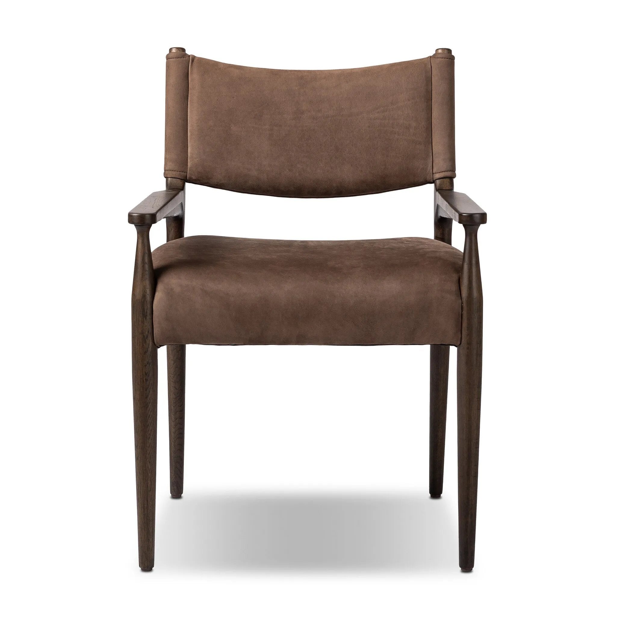 A midcentury-inspired piece brought to modern speed. A supportive, sling-style back and seat cushion are upholstered in a soft, velvety fabric, with toasted oak arms prime for the head of the table Amethyst Home provides interior design, new home construction design consulting, vintage area rugs, and lighting in the Austin metro area.