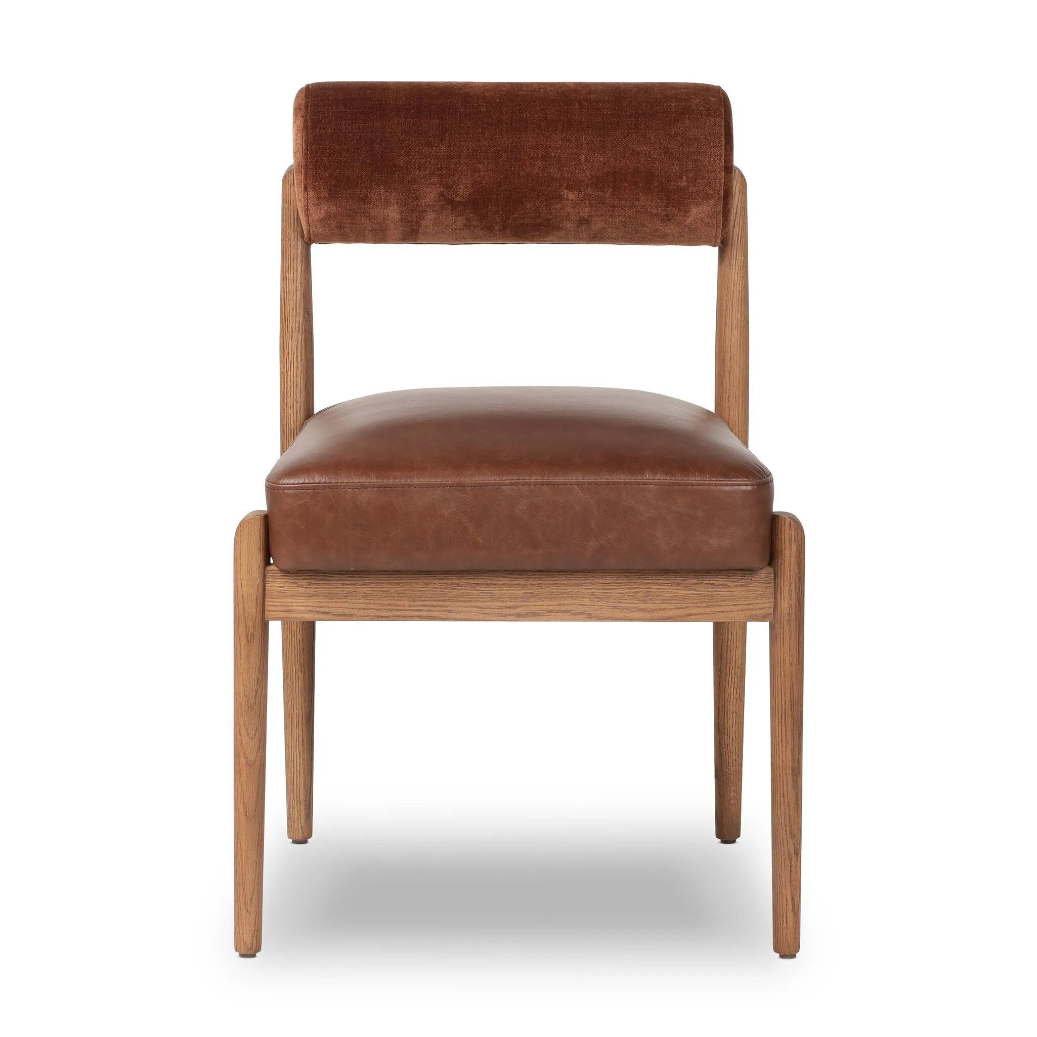 The armless dining chair gets a playful update with a bolstered cylinder seat back. Made from top-grain leather and warm-finished oak to elevate your bar, kitchen or dining space Amethyst Home provides interior design, new home construction design consulting, vintage area rugs, and lighting in the Scottsdale metro area.