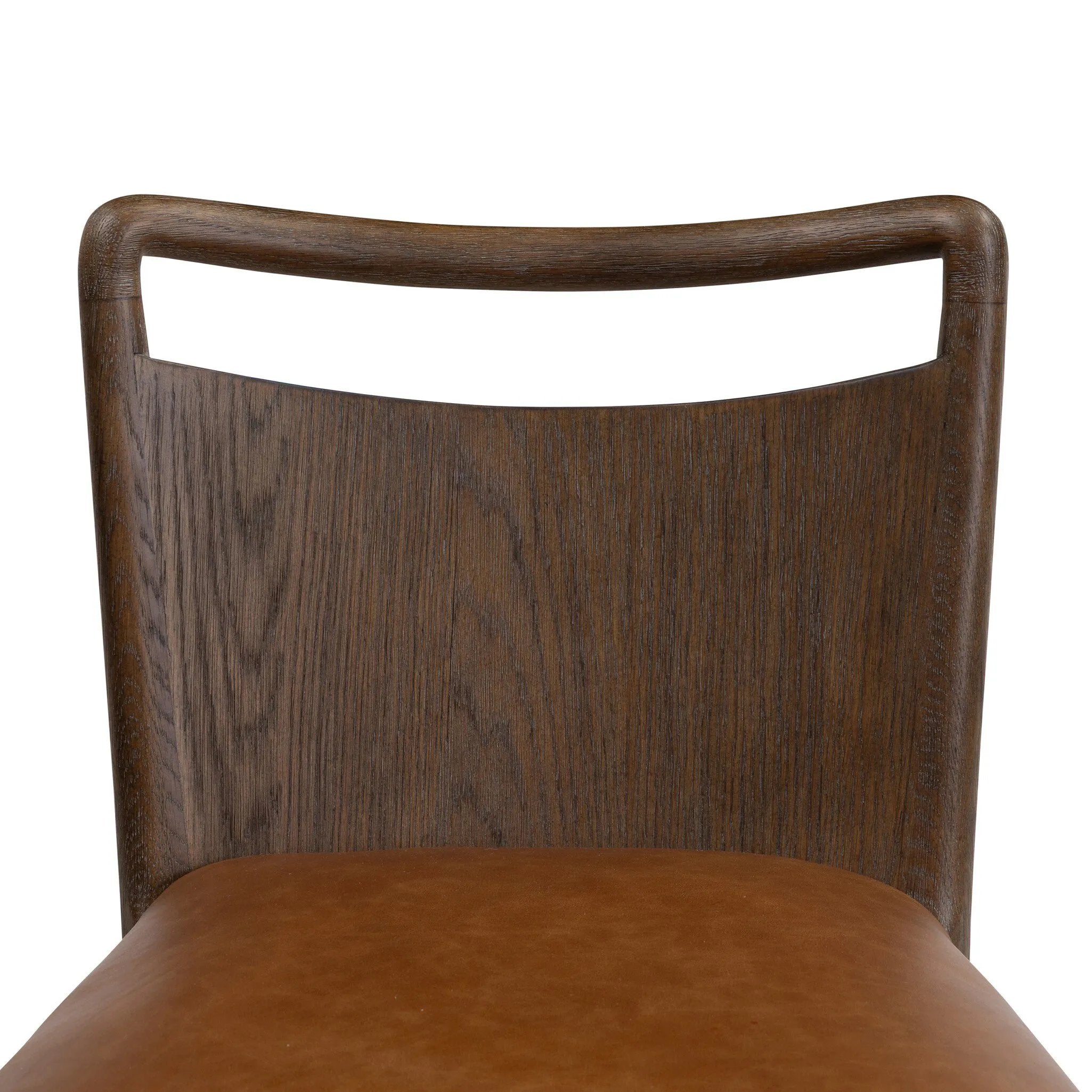 Bring a mixed-material look to the counter. Brown-finished solid oak shapes a curved seat back and sturdy frame for comfy seating upholstered with top-grain leather exclusive to Four Hands. A "handle" opening at the top of the seat back brings a touch of lightness to the look. Amethyst Home provides interior design, new home construction design consulting, vintage area rugs, and lighting in the Kansas City metro area.