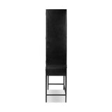 Featuring Jimi Black Cabinet by Four Hands at Amethyst Home. Storage-driven cabinetry inspired by angular geometry. Rich with monochromatic presence, a black-finished metal cabinet pairs with an airy iron base for a balance in scale. Three drawers bring even more storage, with bi-fold glass doors for display options. Minimalist bronzed hardware completes the. Amethyst Home provides interior design, new home construction design consulting, vintage area rugs, and lighting in the Monterey metro area.
