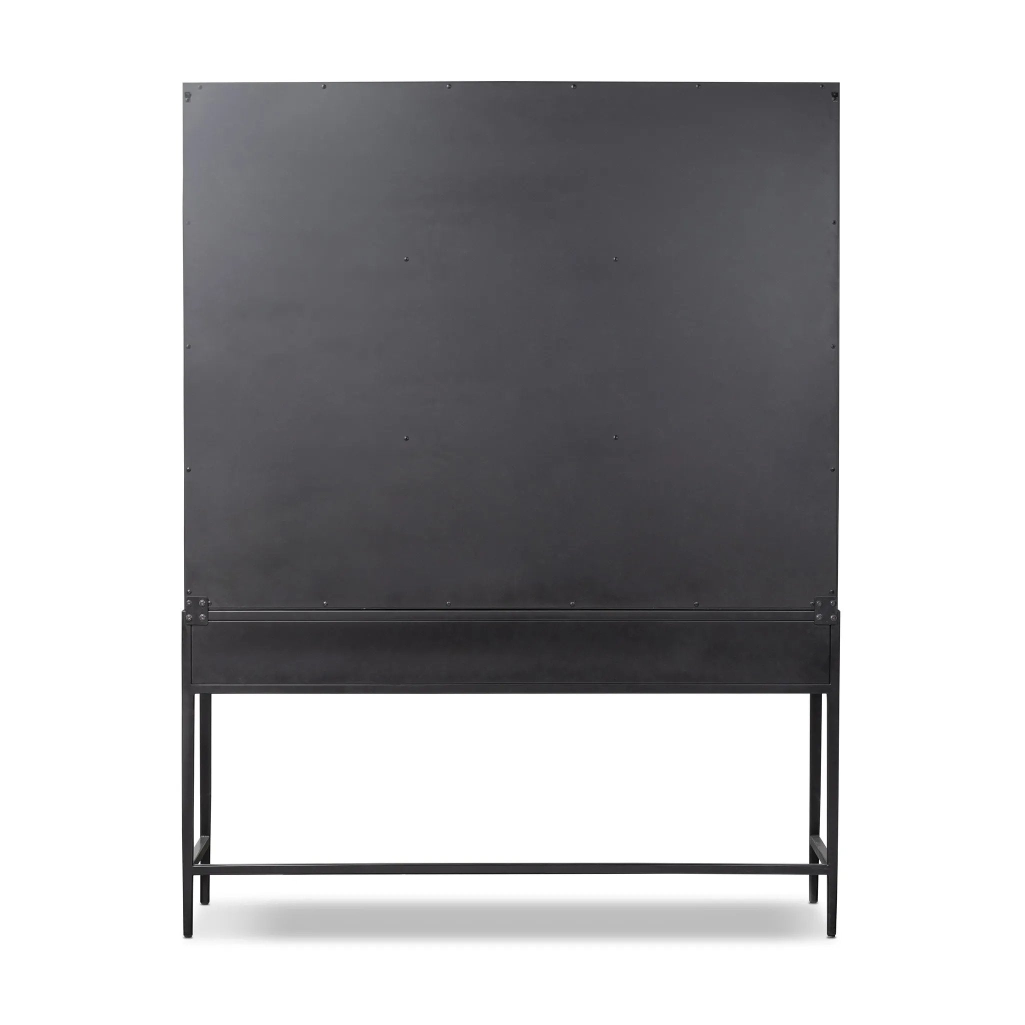 Featuring Jimi Black Cabinet by Four Hands at Amethyst Home. Storage-driven cabinetry inspired by angular geometry. Rich with monochromatic presence, a black-finished metal cabinet pairs with an airy iron base for a balance in scale. Three drawers bring even more storage, with bi-fold glass doors for display options. Minimalist bronzed hardware completes th. Amethyst Home provides interior design, new home construction design consulting, vintage area rugs, and lighting in the Nashville metro area.