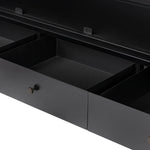 Featuring Jimi Black Cabinet by Four Hands at Amethyst Home. Storage-driven cabinetry inspired by angular geometry. Rich with monochromatic presence, a black-finished metal cabinet pairs with an airy iron base for a balance in scale. Three drawers bring even more storage, with bi-fold glass doors for display options. Minimalist bronzed hardware complete. Amethyst Home provides interior design, new home construction design consulting, vintage area rugs, and lighting in the Newport Beach metro area.