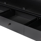 Featuring Jimi Black Cabinet by Four Hands at Amethyst Home. Storage-driven cabinetry inspired by angular geometry. Rich with monochromatic presence, a black-finished metal cabinet pairs with an airy iron base for a balance in scale. Three drawers bring even more storage, with bi-fold glass doors for display options. Minimalist bronzed hardware complete. Amethyst Home provides interior design, new home construction design consulting, vintage area rugs, and lighting in the Newport Beach metro area.