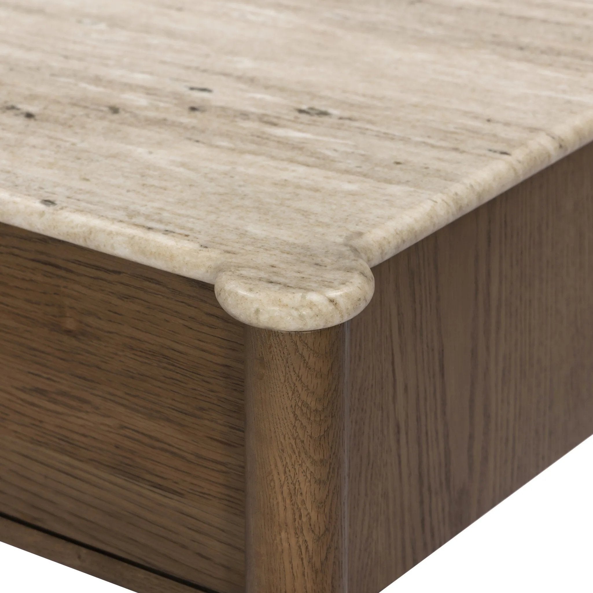 Bring storage to the bedside. Off-white marble pairs with light brown oak for a warm, minimalist look. This traditional-spirited nightstand's bullnose edges and rounded corners balance out the piece’s rectangular case.As lovers of natural design at Amethyst, we love the designer inspired Joah Nightstand - Antique White Marble. Amethyst Home provides interior design, new home construction design consulting, vintage area rugs, and lighting in the Boston metro area.