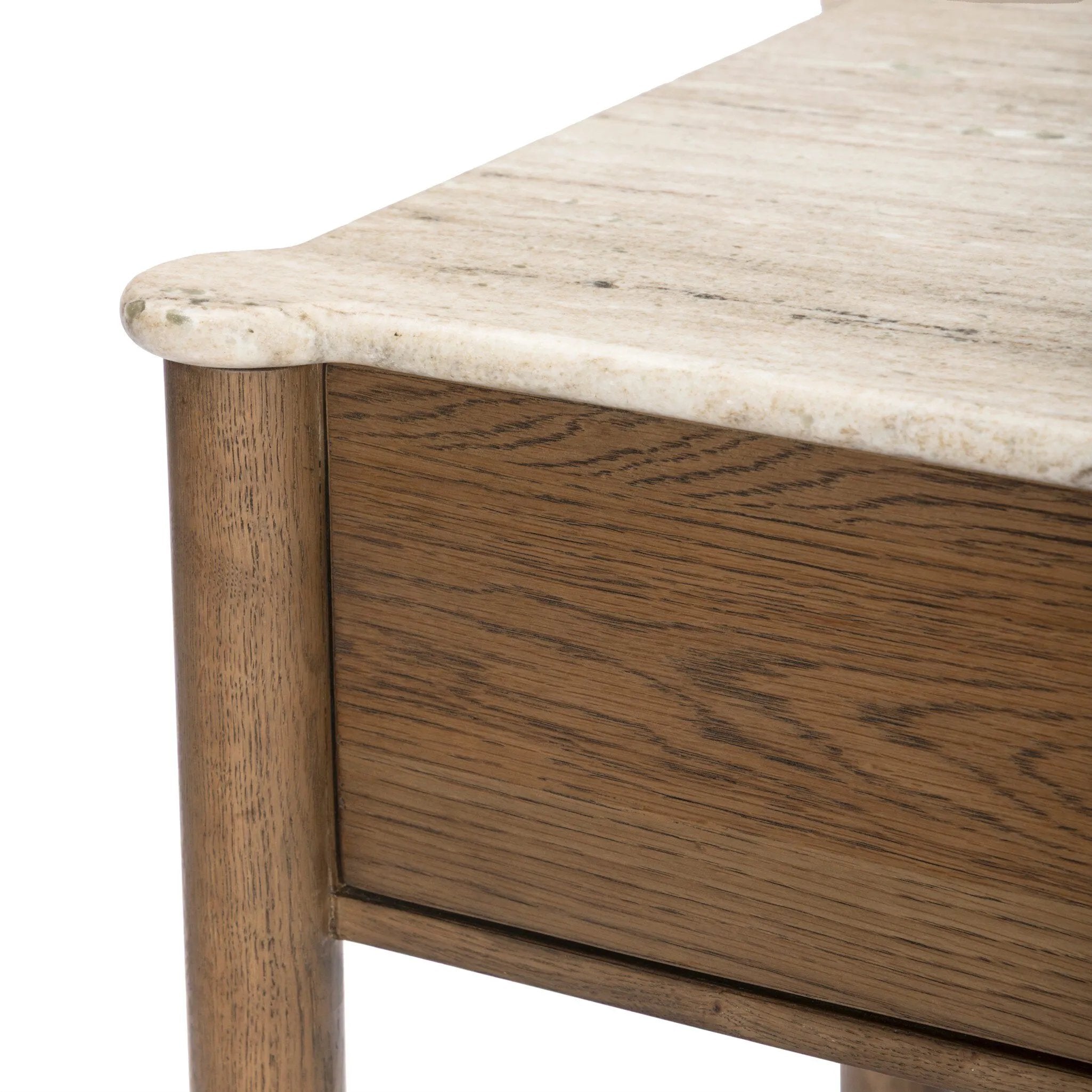 Bring storage to the bedside. Off-white marble pairs with light brown oak for a warm, minimalist look. This traditional-spirited nightstand's bullnose edges and rounded corners balance out the piece’s rectangular case.As lovers of natural design at Amethyst, we love the designer inspired Joah Nightstand - Antique White Marble. Amethyst Home provides interior design, new home construction design consulting, vintage area rugs, and lighting in the Miami metro area.
