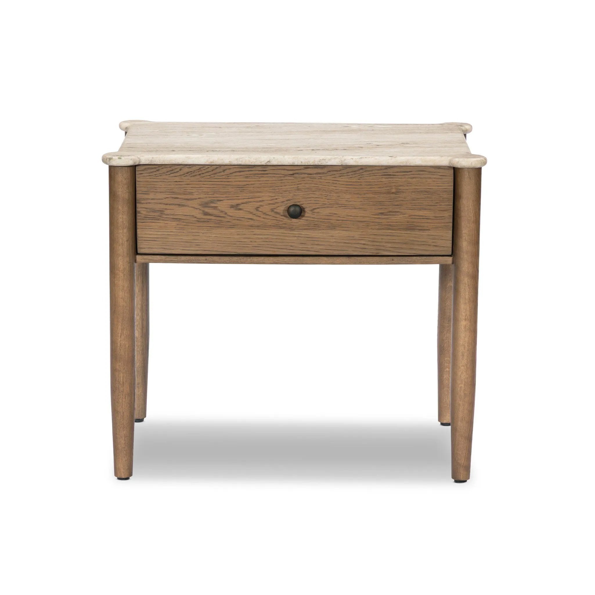 Bring storage to the bedside. Off-white marble pairs with light brown oak for a warm, minimalist look. This traditional-spirited nightstand's bullnose edges and rounded corners balance out the piece’s rectangular case.As lovers of natural design at Amethyst, we love the designer inspired Joah Nightstand - Antique White Marble. Amethyst Home provides interior design, new home construction design consulting, vintage area rugs, and lighting in the Monterey metro area.