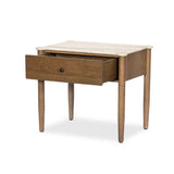 Bring storage to the bedside. Off-white marble pairs with light brown oak for a warm, minimalist look. This traditional-spirited nightstand's bullnose edges and rounded corners balance out the piece’s rectangular case.As lovers of natural design at Amethyst, we love the designer inspired Joah Nightstand - Antique White Marble. Amethyst Home provides interior design, new home construction design consulting, vintage area rugs, and lighting in the Washington metro area.