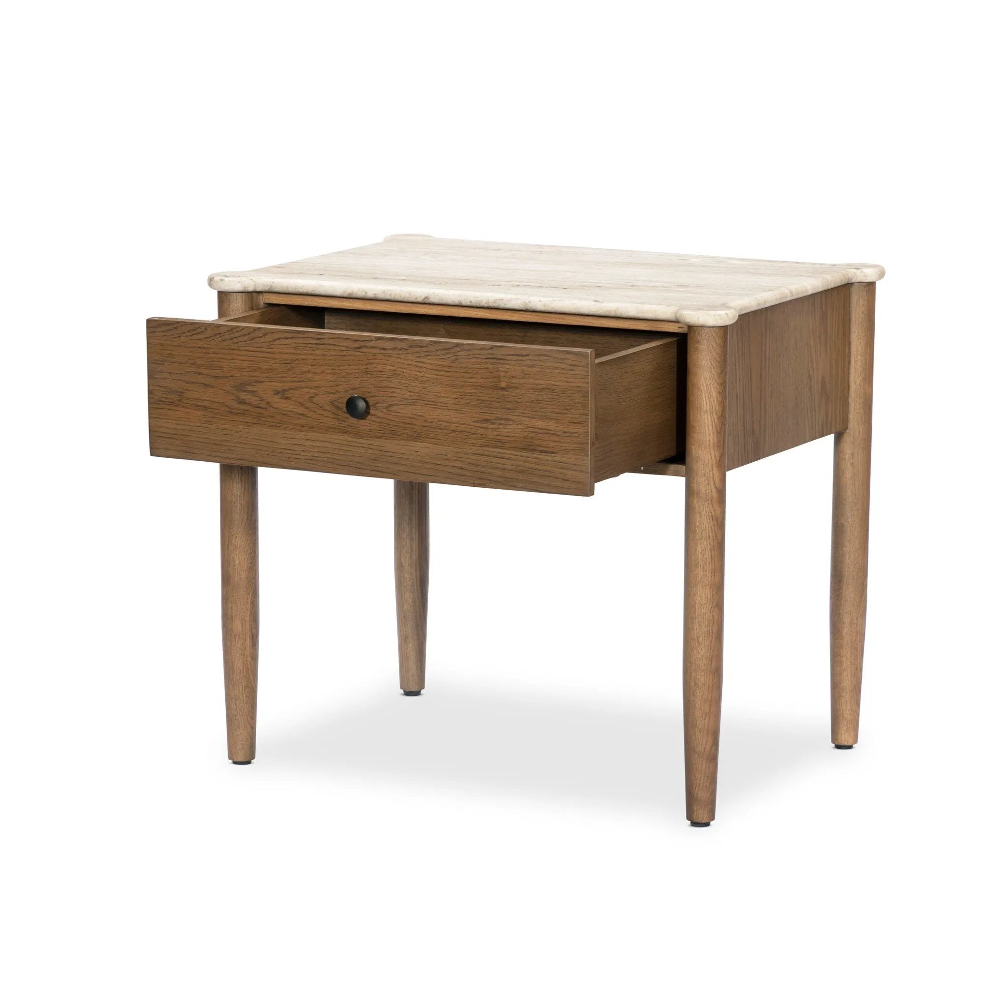 Bring storage to the bedside. Off-white marble pairs with light brown oak for a warm, minimalist look. This traditional-spirited nightstand's bullnose edges and rounded corners balance out the piece’s rectangular case.As lovers of natural design at Amethyst, we love the designer inspired Joah Nightstand - Antique White Marble. Amethyst Home provides interior design, new home construction design consulting, vintage area rugs, and lighting in the Washington metro area.