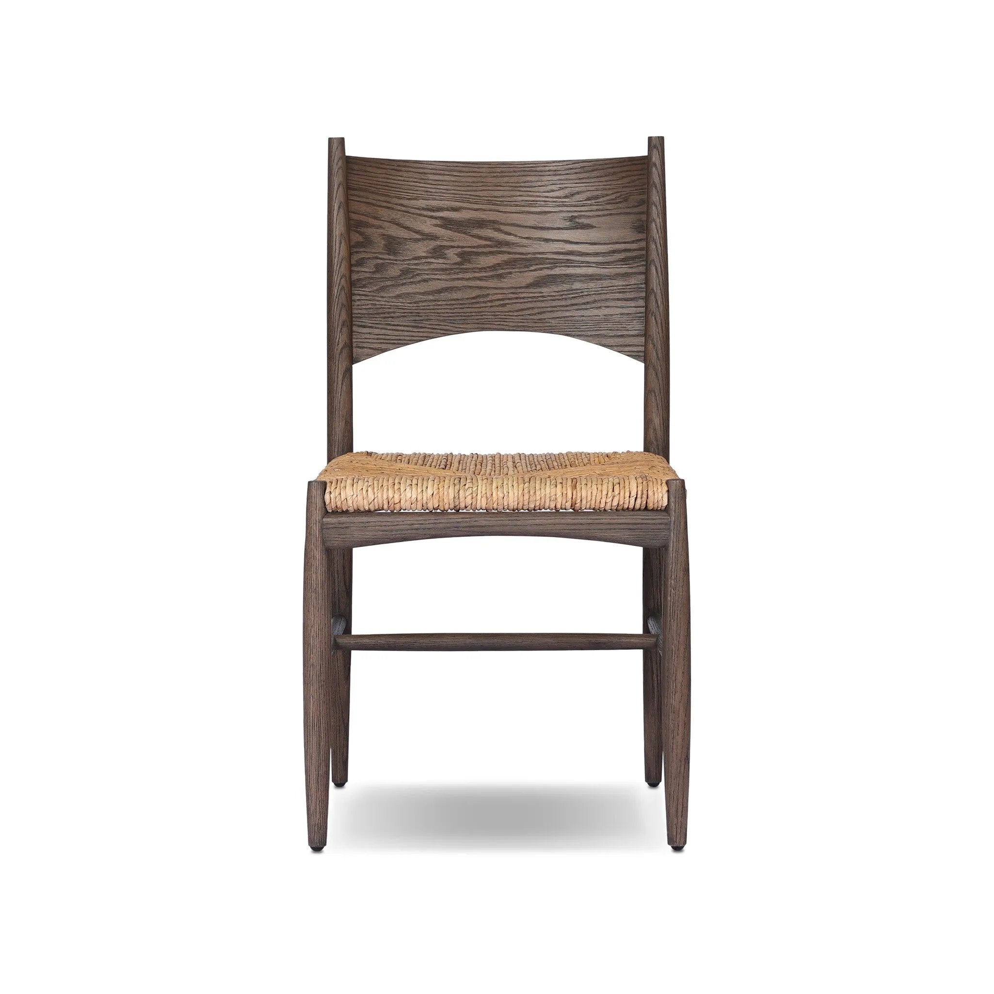 A seamless addition to your dining collection, a slim-profile dining chair pairs a woven banana leaf seat with a solid oak frame featuring a bentwood back Amethyst Home provides interior design, new home construction design consulting, vintage area rugs, and lighting in the Alpharetta metro area.