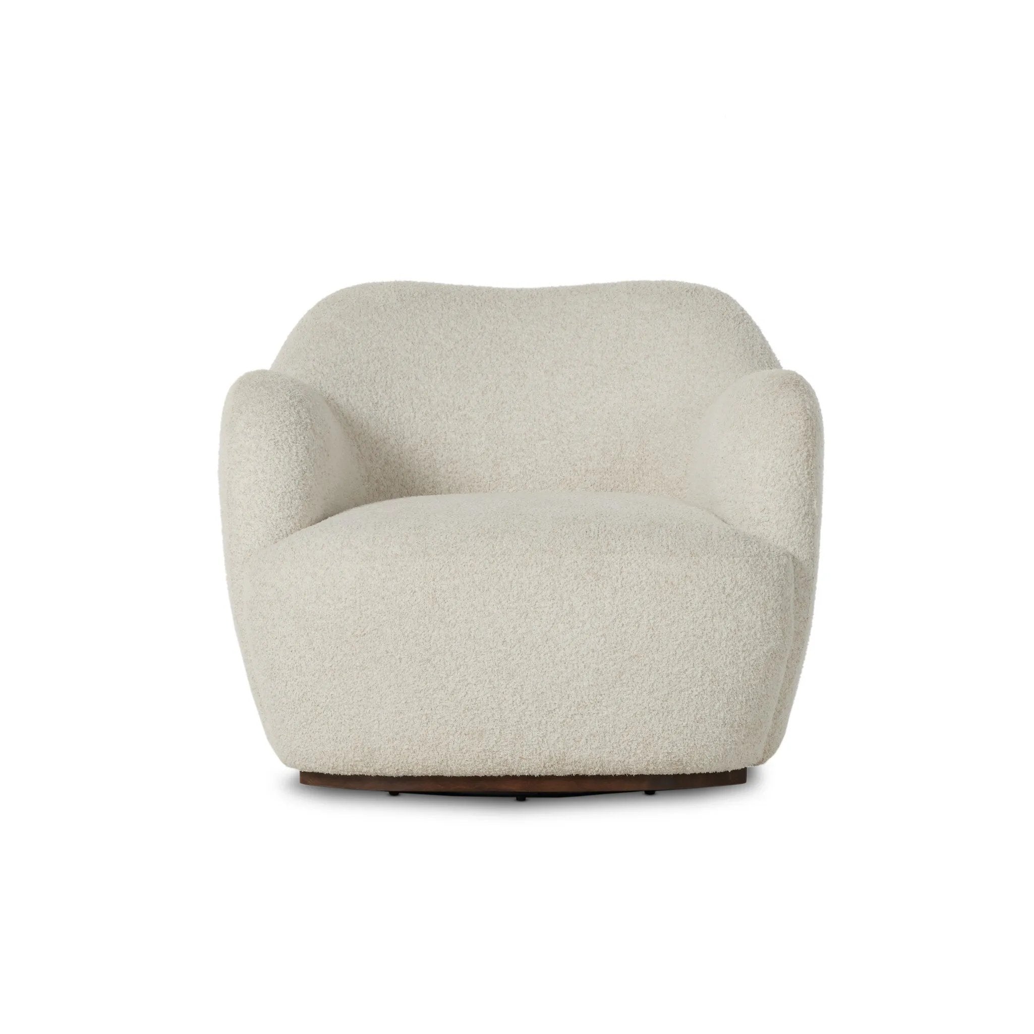 With a high, yarn-like pile that's soft to the touch, ivory upholstery pairs with an S-spring seat and enveloped frame for an inviting look and feel on this 360-degree swivel chair Amethyst Home provides interior design, new home construction design consulting, vintage area rugs, and lighting in the Laguna Beach metro area.