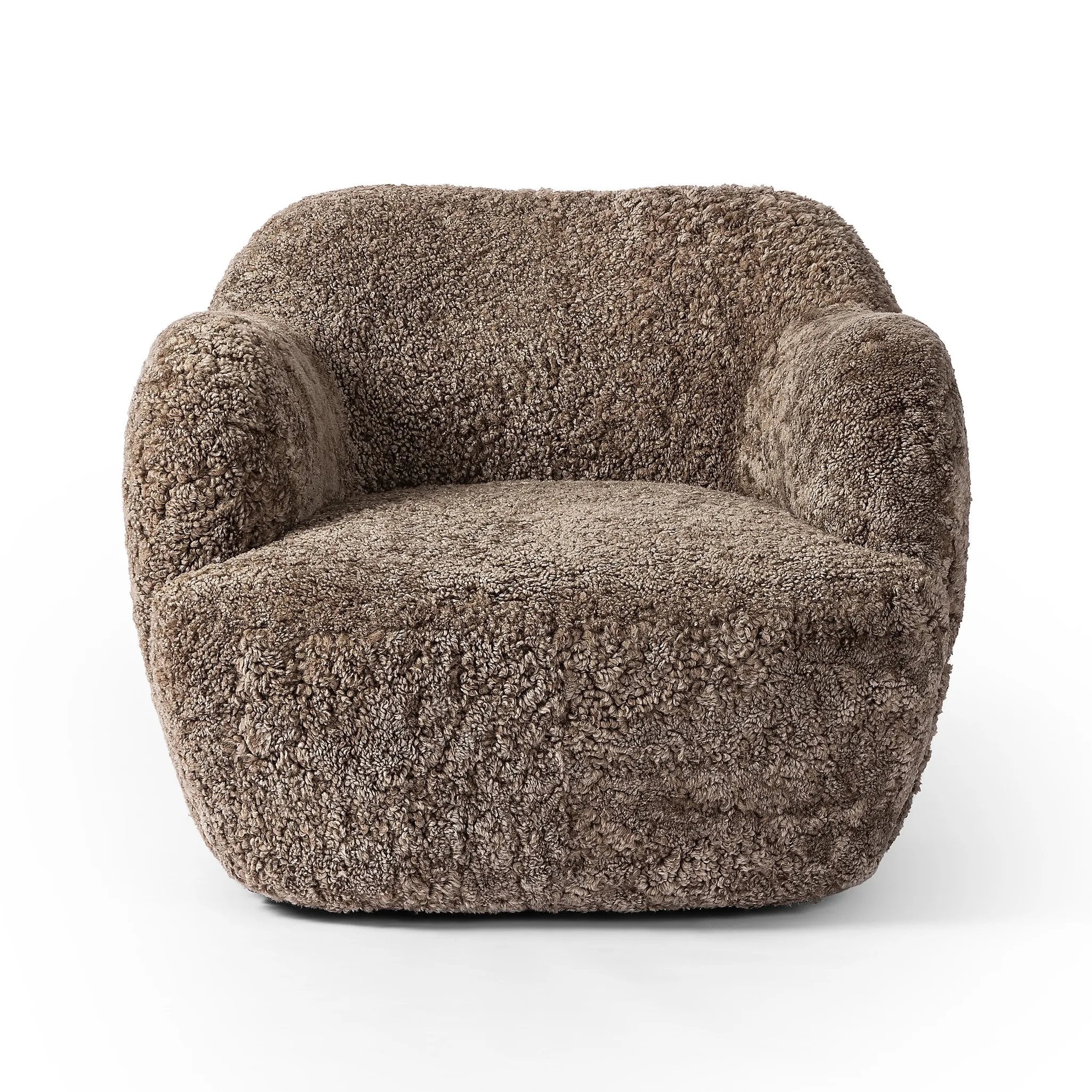 With a supple pile that's soft to the touch, taupe shearling upholstery pairs with an S-spring seat and enveloped frame for an inviting look and feel on this 360-degree swivel chair Amethyst Home provides interior design, new home construction design consulting, vintage area rugs, and lighting in the Winter Garden metro area.