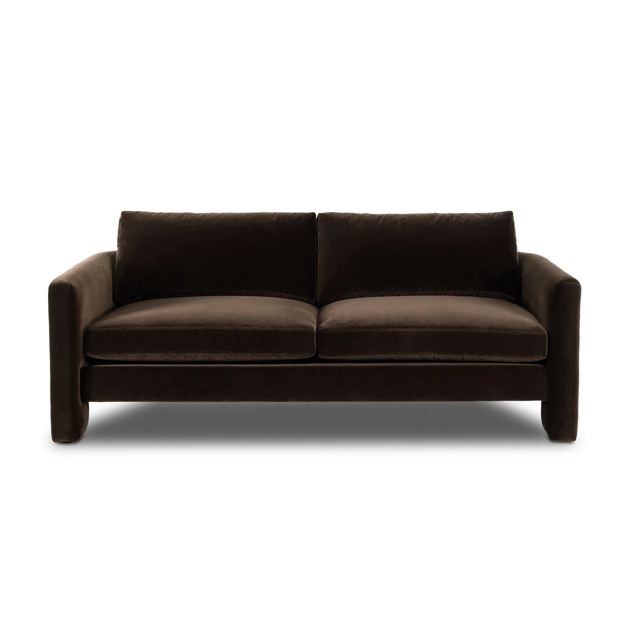 Float-style this unique sofa in a room to show off design details like sleek lines and rear cutouts. Designed with S spring construction, foam and fiber seat cushioning and loose feather-blend back cushions. Upholstered in a soft, velvety cotton. Amethyst Home provides interior design, new home construction design consulting, vintage area rugs, and lighting in the Laguna Beach metro area.