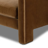 Float-style this unique sofa in a room to show off design details like sleek lines and rear cutouts. Designed with S spring construction, foam and fiber seat cushioning and loose feather-blend back cushions. Upholstered in a soft, velvety cotton in a warm ochre hue. Amethyst Home provides interior design, new home construction design consulting, vintage area rugs, and lighting in the Calabasas metro area.