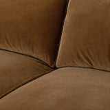 Float-style this unique sofa in a room to show off design details like sleek lines and rear cutouts. Designed with S spring construction, foam and fiber seat cushioning and loose feather-blend back cushions. Upholstered in a soft, velvety cotton in a warm ochre hue. Amethyst Home provides interior design, new home construction design consulting, vintage area rugs, and lighting in the Charlotte metro area.