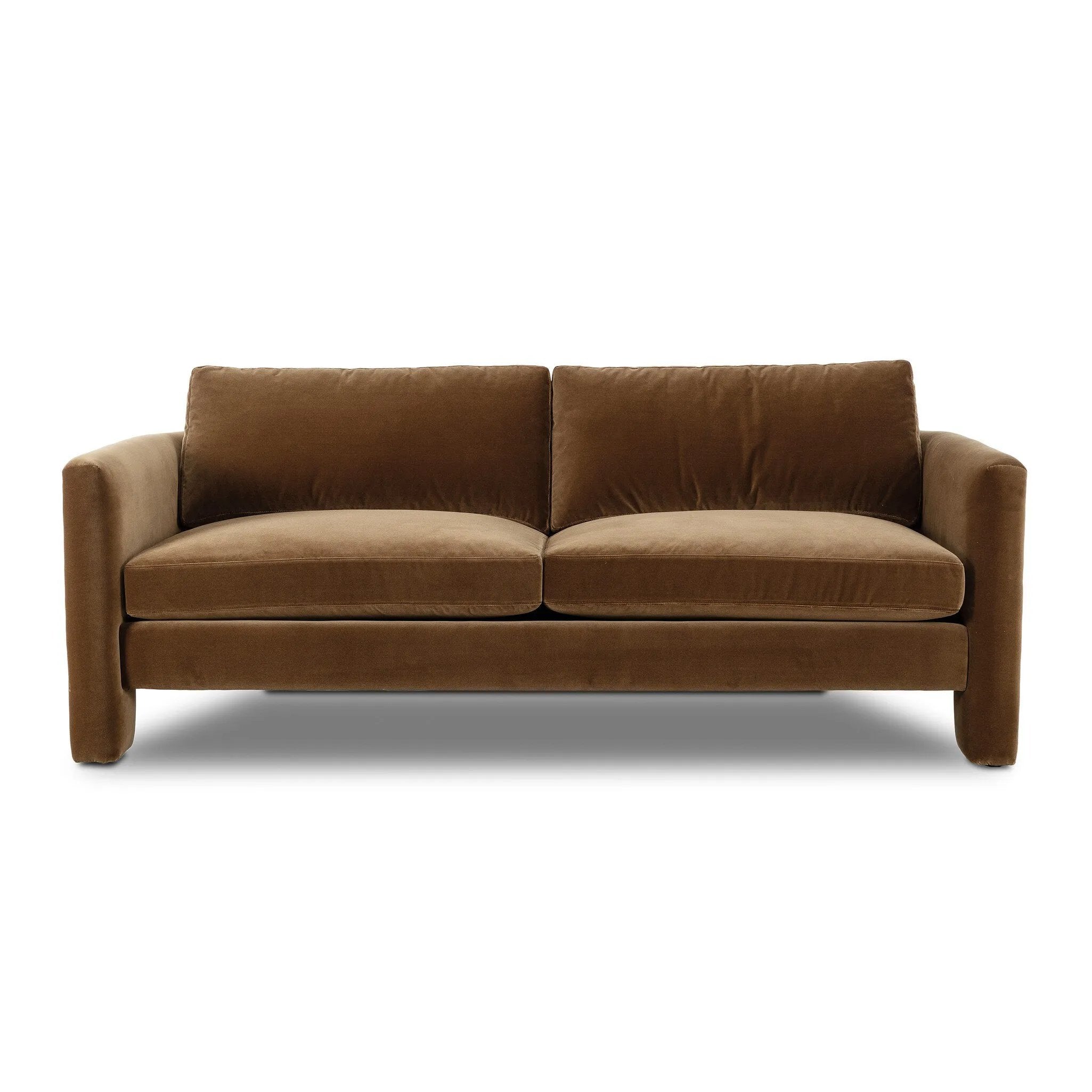 Float-style this unique sofa in a room to show off design details like sleek lines and rear cutouts. Designed with S spring construction, foam and fiber seat cushioning and loose feather-blend back cushions. Upholstered in a soft, velvety cotton in a warm ochre hue. Amethyst Home provides interior design, new home construction design consulting, vintage area rugs, and lighting in the Laguna Beach metro area.