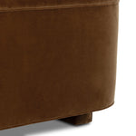 Float-style this unique sofa in a room to show off design details like sleek lines and rear cutouts. Designed with S spring construction, foam and fiber seat cushioning and loose feather-blend back cushions. Upholstered in a soft, velvety cotton in a warm ochre hue. Amethyst Home provides interior design, new home construction design consulting, vintage area rugs, and lighting in the Los Angeles metro area.