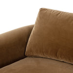Float-style this unique sofa in a room to show off design details like sleek lines and rear cutouts. Designed with S spring construction, foam and fiber seat cushioning and loose feather-blend back cushions. Upholstered in a soft, velvety cotton in a warm ochre hue. Amethyst Home provides interior design, new home construction design consulting, vintage area rugs, and lighting in the Newport Beach metro area.