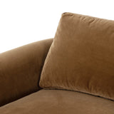 Float-style this unique sofa in a room to show off design details like sleek lines and rear cutouts. Designed with S spring construction, foam and fiber seat cushioning and loose feather-blend back cushions. Upholstered in a soft, velvety cotton in a warm ochre hue. Amethyst Home provides interior design, new home construction design consulting, vintage area rugs, and lighting in the Newport Beach metro area.