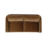 Float-style this unique sofa in a room to show off design details like sleek lines and rear cutouts. Designed with S spring construction, foam and fiber seat cushioning and loose feather-blend back cushions. Upholstered in a soft, velvety cotton in a warm ochre hue. Amethyst Home provides interior design, new home construction design consulting, vintage area rugs, and lighting in the Park City metro area.