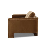 Float-style this unique sofa in a room to show off design details like sleek lines and rear cutouts. Designed with S spring construction, foam and fiber seat cushioning and loose feather-blend back cushions. Upholstered in a soft, velvety cotton in a warm ochre hue. Amethyst Home provides interior design, new home construction design consulting, vintage area rugs, and lighting in the San Diego metro area.