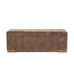 Picture this contemporary yet timeless trunk at the foot of your bed, for storage of extra linens, clothing or throw pillows. This soft, structured piece features a velvety fabric with vertical channel tufting. All grounded by a solid oak base. Amethyst Home provides interior design, new home construction design consulting, vintage area rugs, and lighting in the Monterey metro area.