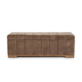 Picture this contemporary yet timeless trunk at the foot of your bed, for storage of extra linens, clothing or throw pillows. This soft, structured piece features a velvety fabric with vertical channel tufting. All grounded by a solid oak base. Amethyst Home provides interior design, new home construction design consulting, vintage area rugs, and lighting in the Monterey metro area.