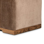 Picture this contemporary yet timeless trunk at the foot of your bed, for storage of extra linens, clothing or throw pillows. This soft, structured piece features a velvety fabric with vertical channel tufting. All grounded by a solid oak base. Amethyst Home provides interior design, new home construction design consulting, vintage area rugs, and lighting in the Salt Lake City metro area.