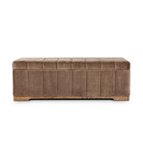 Picture this contemporary yet timeless trunk at the foot of your bed, for storage of extra linens, clothing or throw pillows. This soft, structured piece features a velvety fabric with vertical channel tufting. All grounded by a solid oak base. Amethyst Home provides interior design, new home construction design consulting, vintage area rugs, and lighting in the Washington metro area.