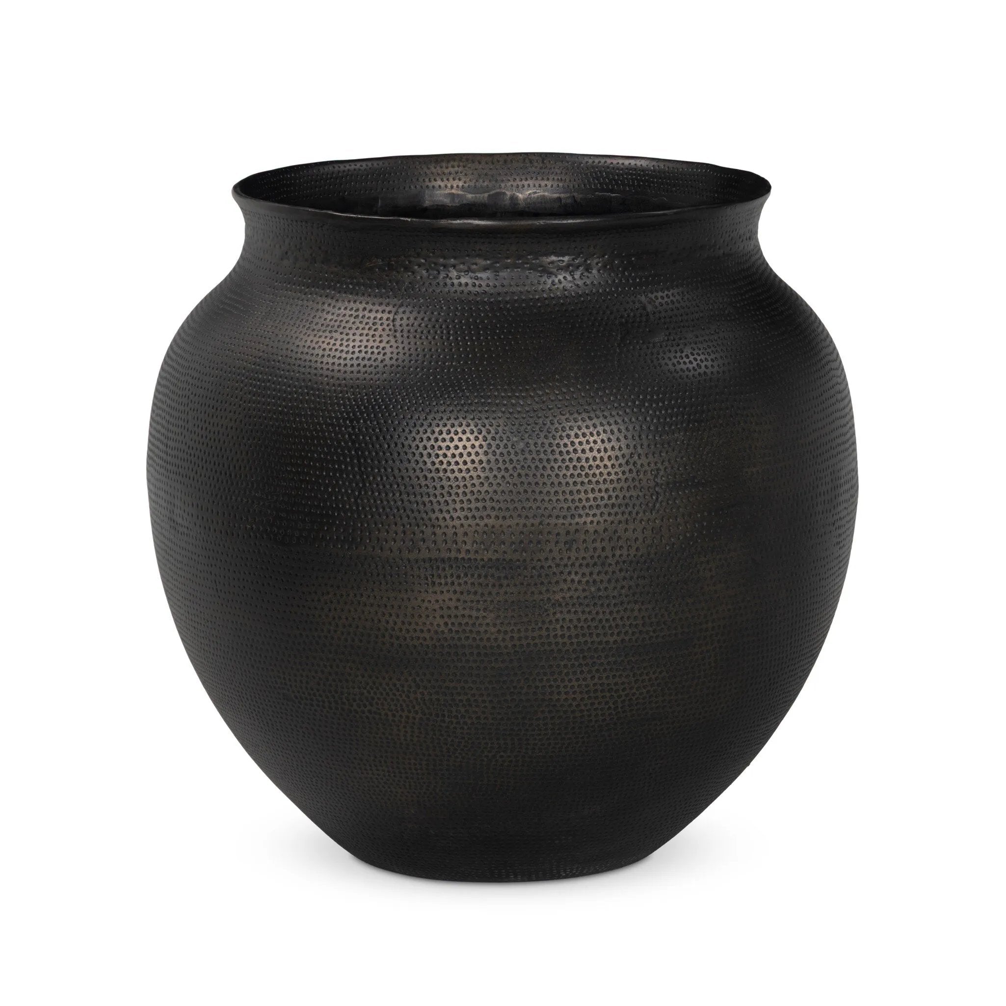 Cast aluminum featuring thousands of small, hammered details adds traditional flair to this outdoor-safe vessel, inspired by copper work found in Mexico. Finished in an antique bronze that's dark and sophisticated.As lovers of organic modern materials at Amethyst, we love the optimistic inspired Kavya Planter. Amethyst Home provides interior design, new home construction design consulting, vintage area rugs, and lighting in the Alpharetta metro area.