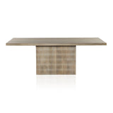 Unique linear carving with an artisan slant. Mango wood is finished in a light wash, highlighting texture and craftsmanship alike. Seats eight comfortably Amethyst Home provides interior design, new home construction design consulting, vintage area rugs, and lighting in the Dallas metro area.