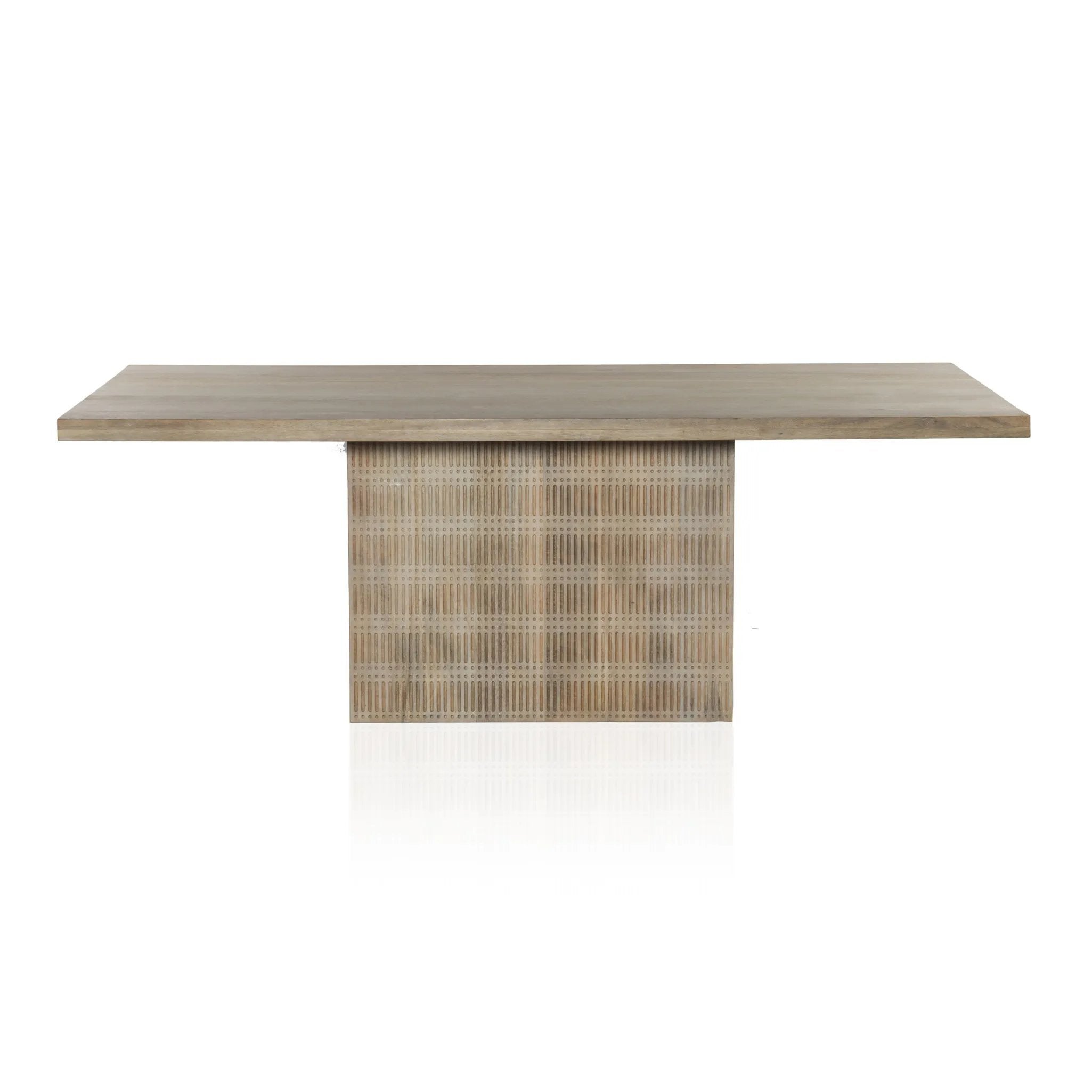 Unique linear carving with an artisan slant. Mango wood is finished in a light wash, highlighting texture and craftsmanship alike. Seats eight comfortably Amethyst Home provides interior design, new home construction design consulting, vintage area rugs, and lighting in the Dallas metro area.