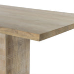 Unique linear carving with an artisan slant. Mango wood is finished in a light wash, highlighting texture and craftsmanship alike. Seats eight comfortably Amethyst Home provides interior design, new home construction design consulting, vintage area rugs, and lighting in the Scottsdale metro area.