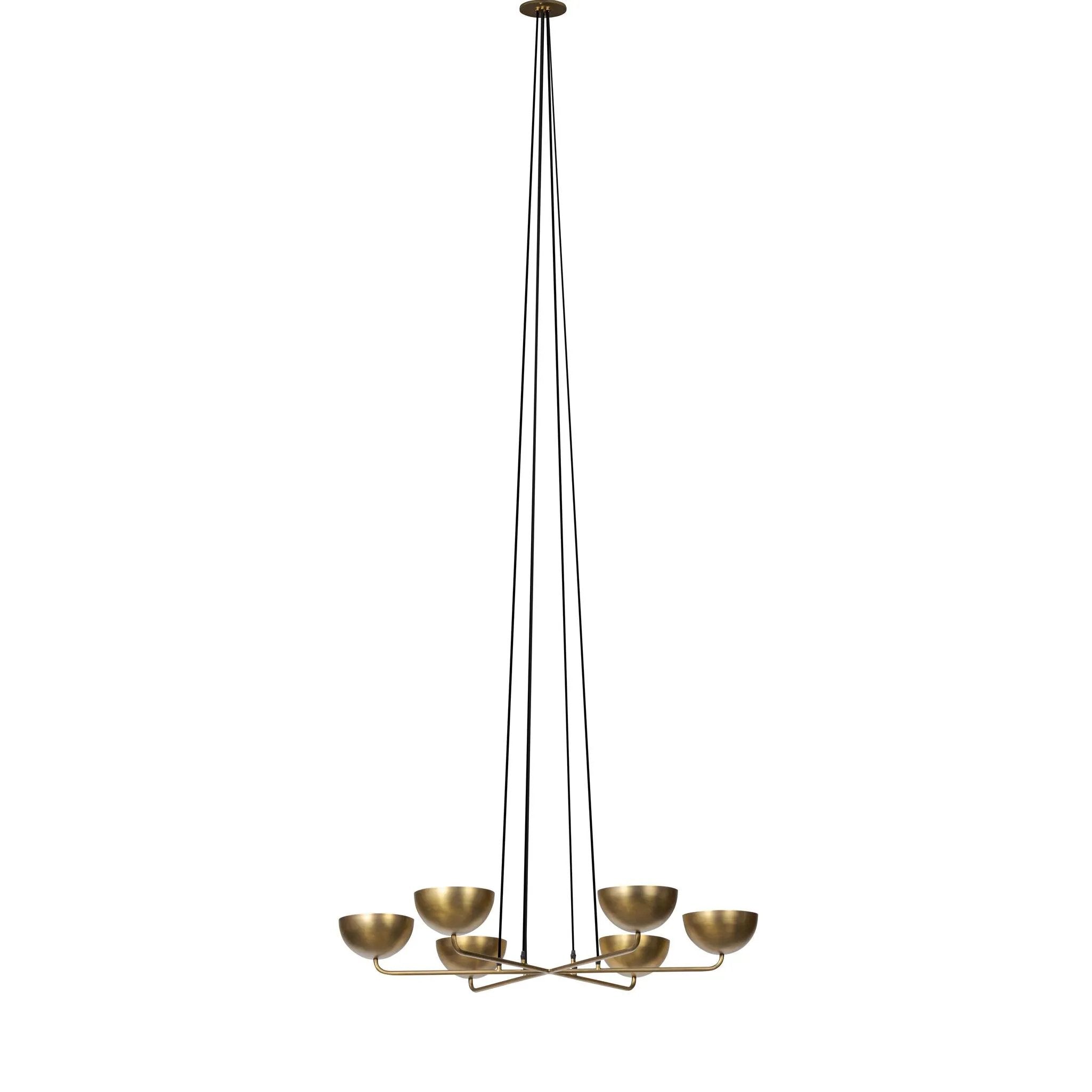 Six brass discs float on gently curved arms, suspended by adjustable black fabric cords that become an integral part of the design. The piece invites customization, allowing you to set the perfect length for your space. The bulbs nestle discreetly within each disc, creating a warm, diffused glow. G16.5 bulbs recommended Amethyst Home provides interior design, new home construction design consulting, vintage area rugs, and lighting in the Des Moines metro area.